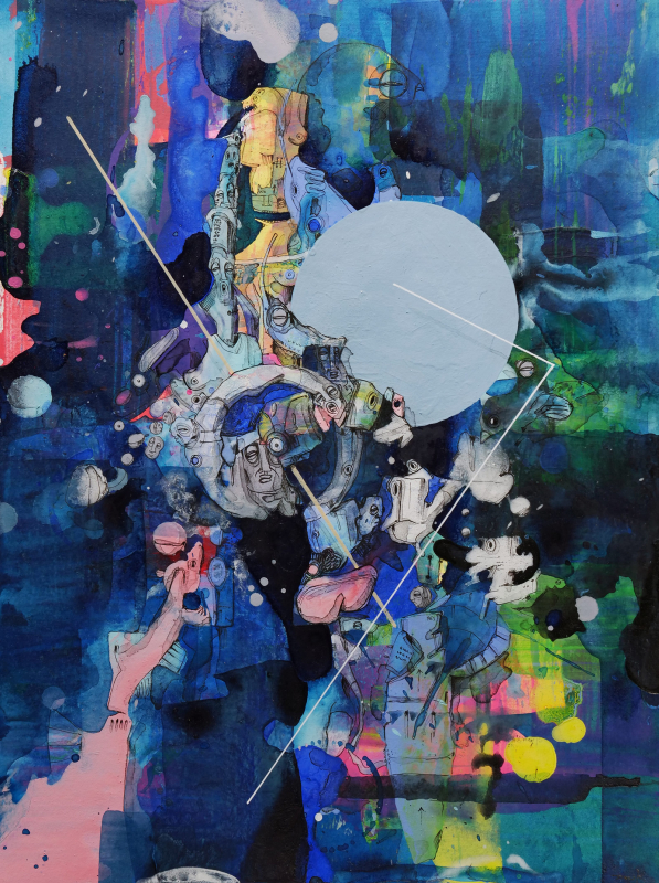 Die Lösung | 2024 | 32x24cm | Peer Kriesel Wimmelbild | Mischtechnik auf Papier, gerahmt